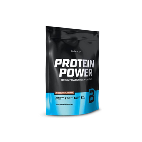 Protein powder package with 'Protein Power' branding on a white background