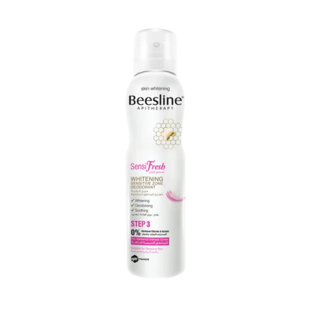 Beesline SensiFresh Whitening Sensitive Zone Deodorant Spray 150ml for external intimate areas, underarms, and bikini line. Aluminum-free formula that helps neutralize odor, refresh, and brighten sensitive skin.