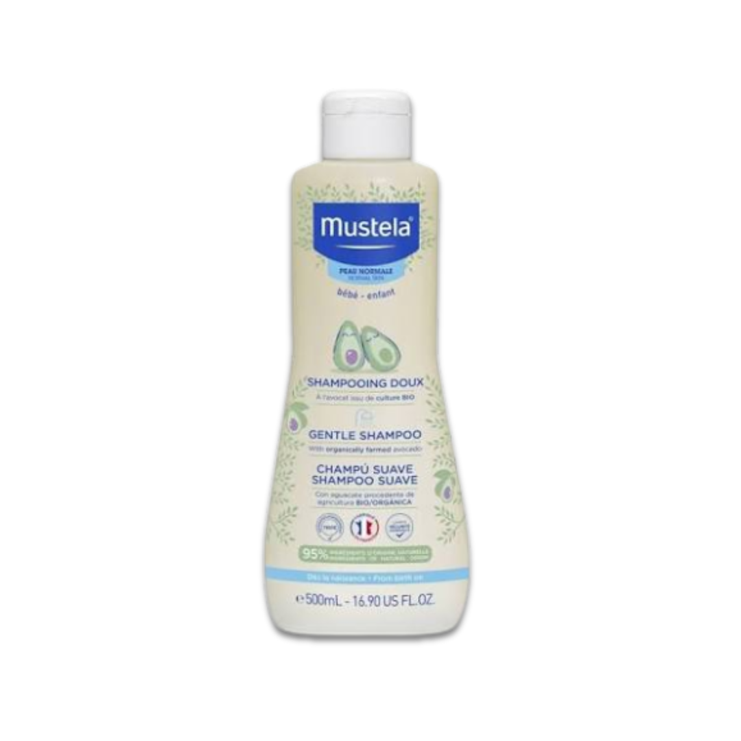 Mustela Gentle Shampoo 500ml for babies and children with Organic Avocado, tear-free formula, and 95% natural-origin ingredients suitable from birth.