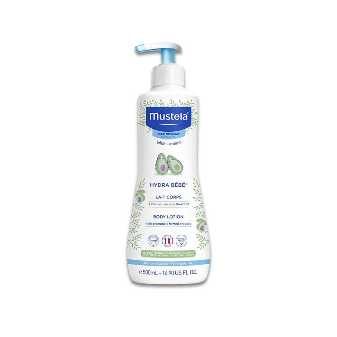 Mustela Hydra Bébé Body Lotion 500ml with Organic Avocado and 97% natural-origin ingredients for daily hydration of newborn, baby, and child skin.