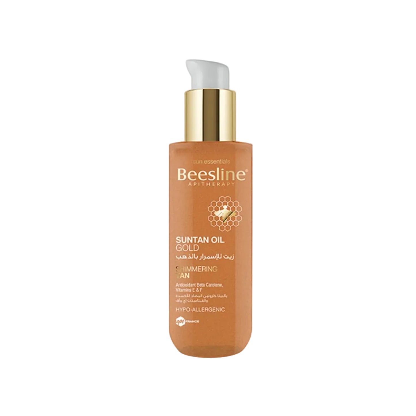 Beesline Suntan Oil Gold bottle on a white background