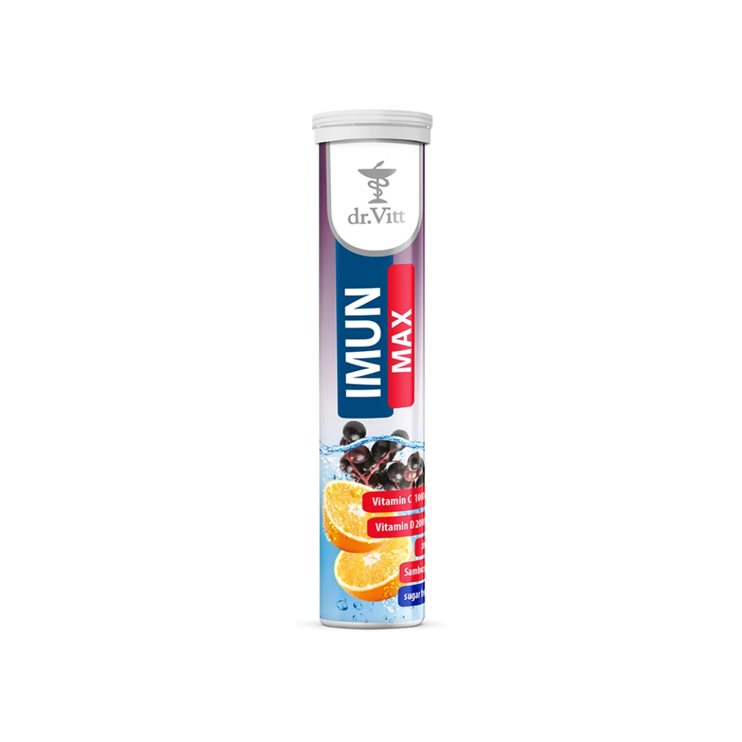 dr.Vitt Immun Max Effervescent Tablets containing Vitamin C, Vitamin D, Zinc and Elderberry extract for immune system support, antioxidant protection and daily wellness, 20 tablets.