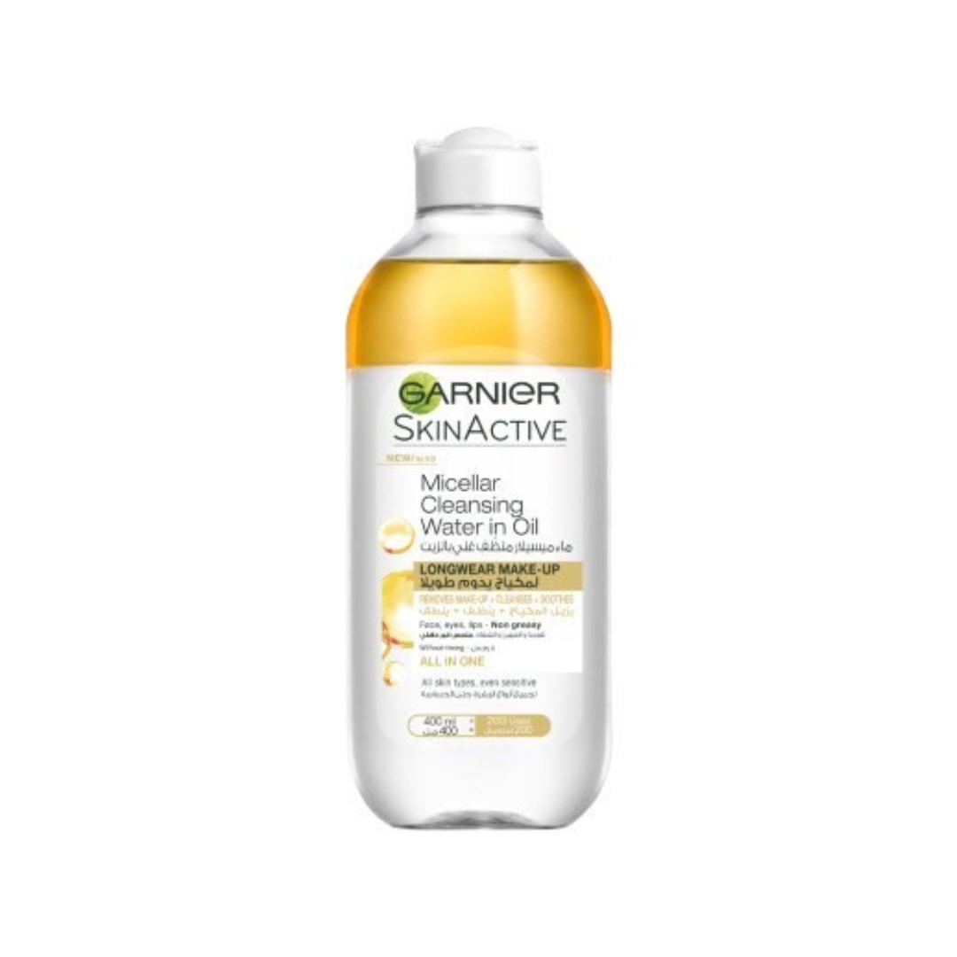 Garnier SkinActive bottle of Micellar Cleansing Water in Oil on a white background