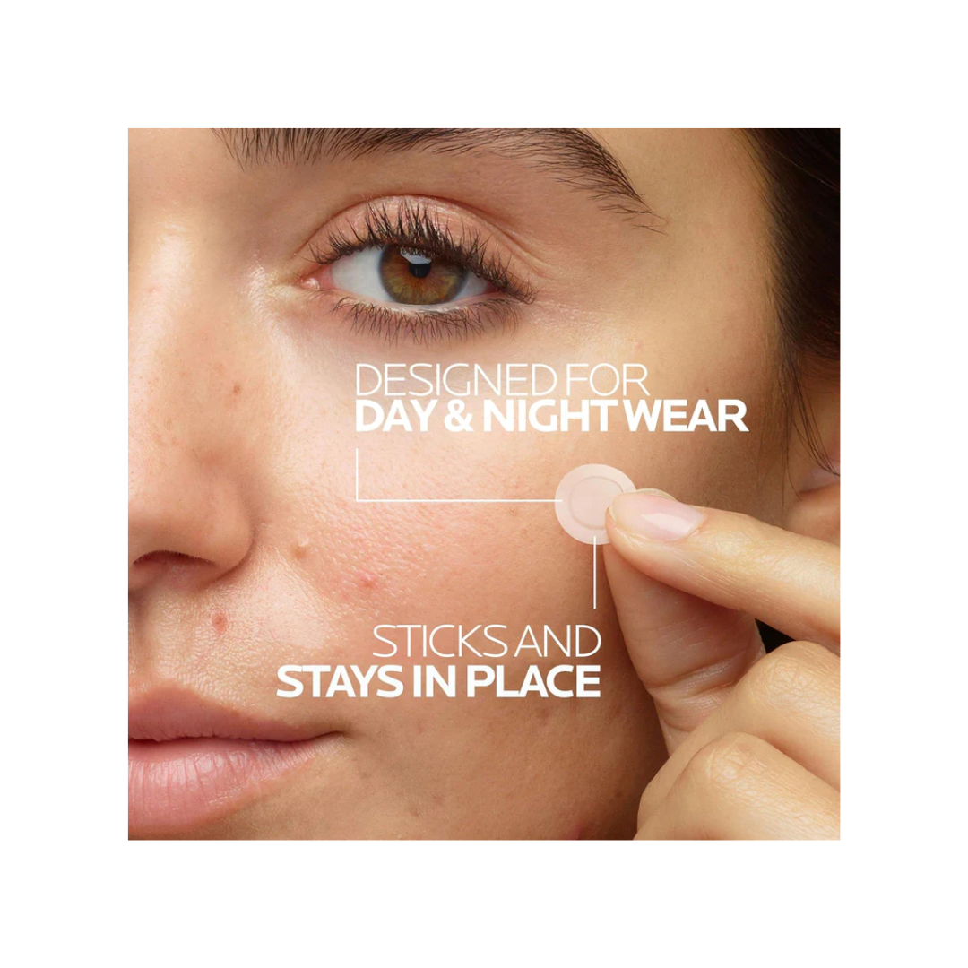 Close-up of a person applying a product to their face with text about its wearability.