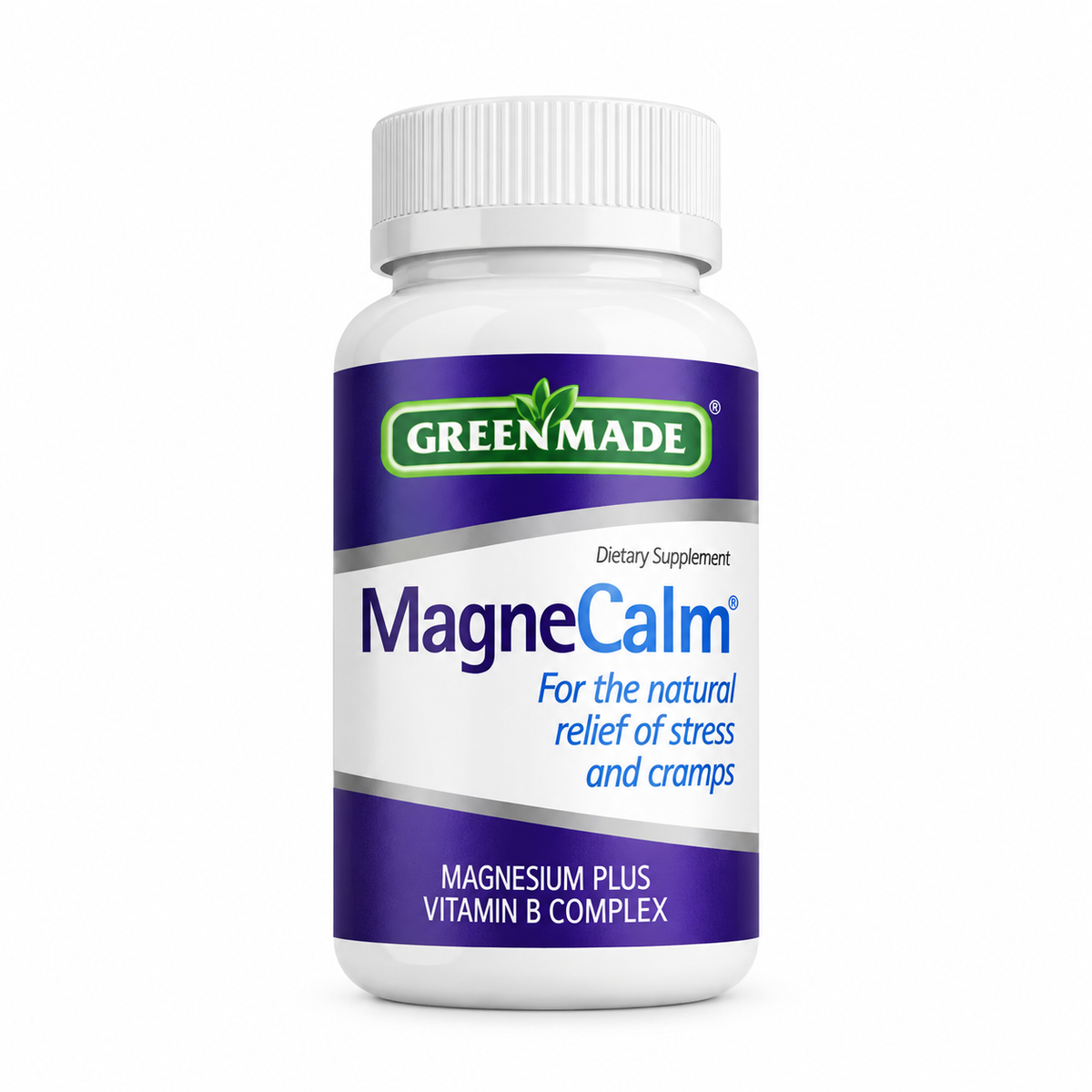 A white plastic bottle of Greenmade Magnesium supplement with a purple and white label, on a clean white background.