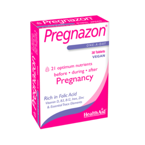 A box of HealthAid Pregnazon Health Aid supplement tablets, with a pink and white color scheme and information about the product being rich in folic acid, vitamins, and essential trace elements.