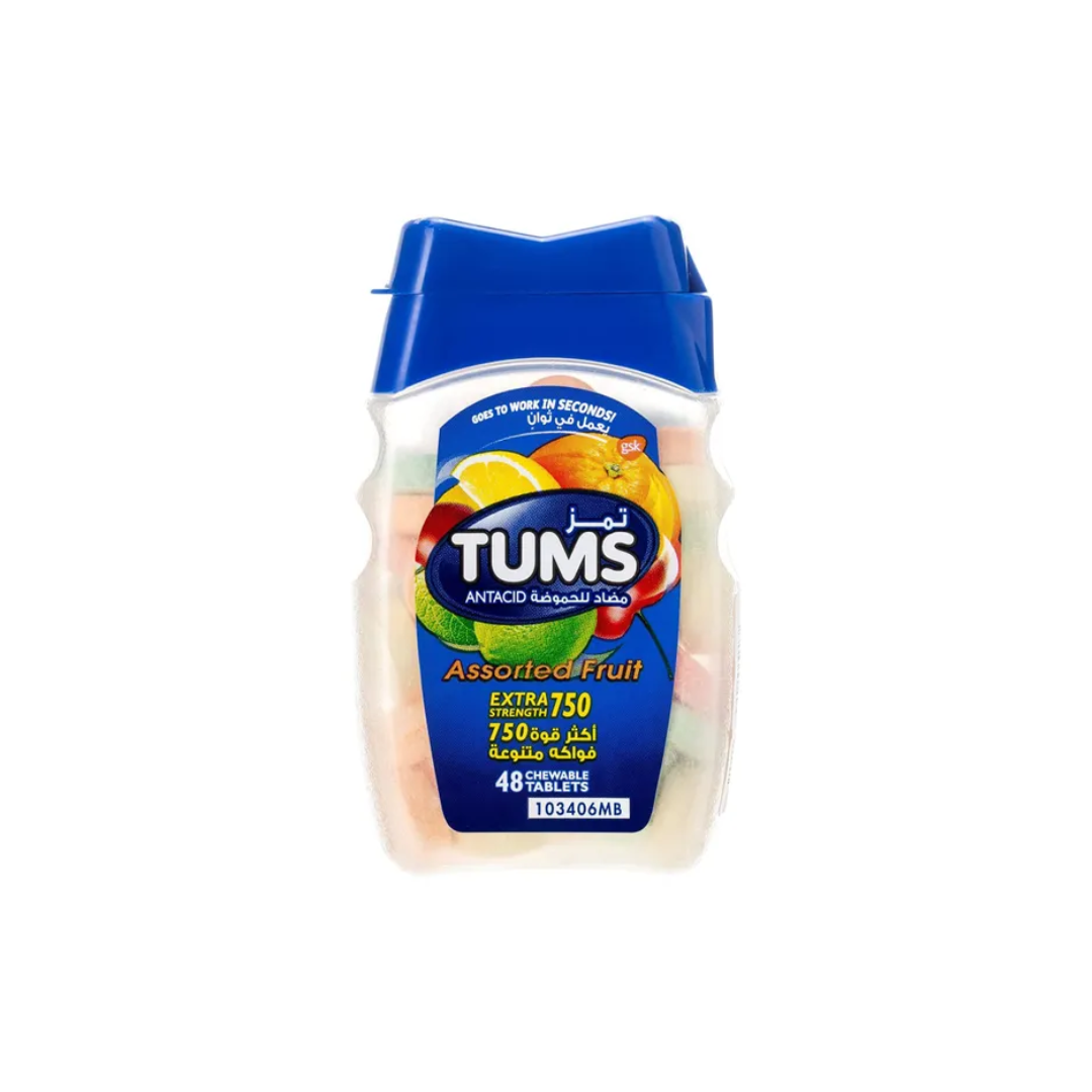 TUMS Extra Strength 750 assorted fruit chewable antacid tablets for heartburn relief