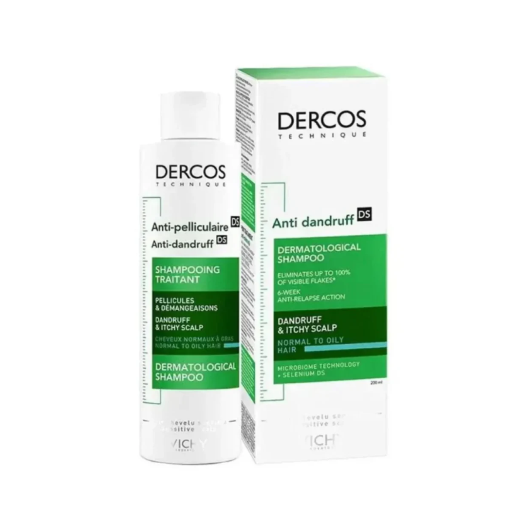 Dercos anti-dandruff shampoo bottle and packaging on a white background