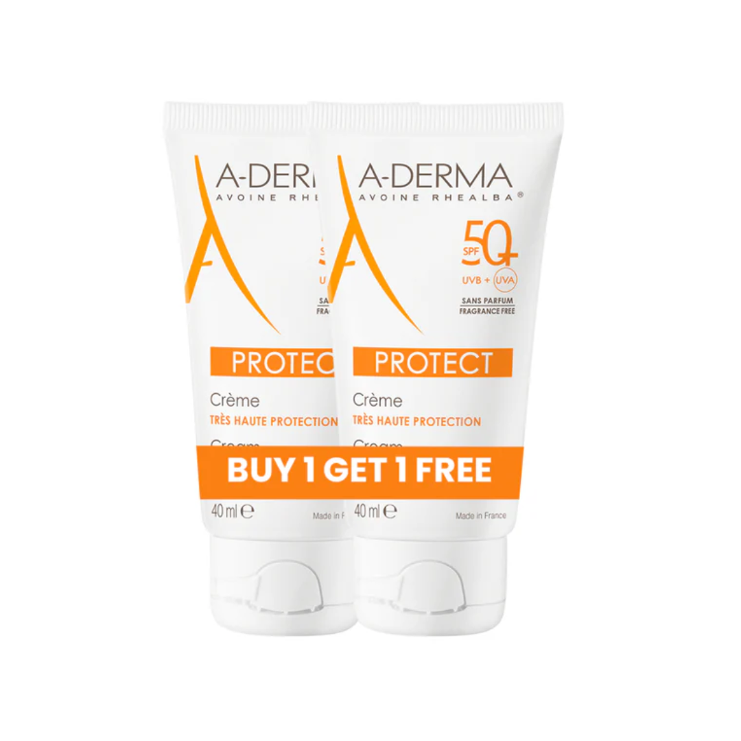 A-Derma Protect SPF50 Plus sunscreen cream duo pack buy one get one free for sensitive skin UVA UVB protection 40ml