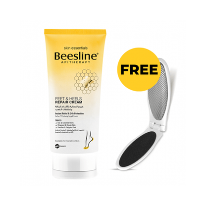 Product image showing a tube of Beesline Feet & Heels Repair Cream and a foot file. The tube is labeled with 'skin essentials' and 'Beesline Apitherapy'.