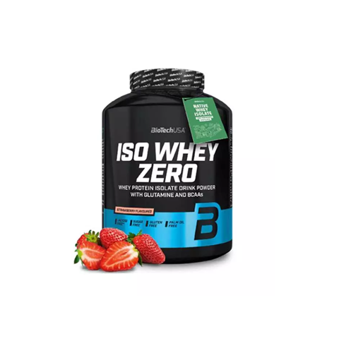 BiotechUSA ISO Whey Zero protein powder container with strawberries on a white background