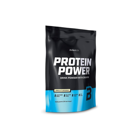 Protein powder package with 'Protein Power' branding on a white background