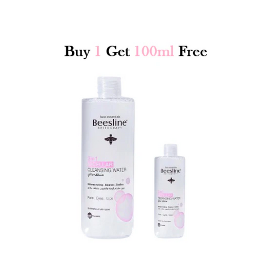 Beesline 3-in-1 Micellar Cleansing Water value pack including a free 100ml travel-size bottle for removing makeup, cleansing, hydrating, and soothing the face, eyes, and lips.