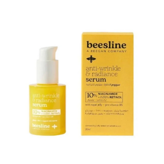 Beesline Anti-Wrinkle & Radiance Face Serum 30ml with 10% Niacinamide, 0.05% Retinol, Royal Jelly, and Provitamin B5 for brighter, smoother, younger-looking skin.