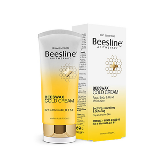 Beesline Beeswax Cold Cream 60ml enriched with Beeswax, Honey, Rose Oil, and Vitamins B5, D, E & F to deeply moisturize dry and sensitive skin on the face, body, and hands.
