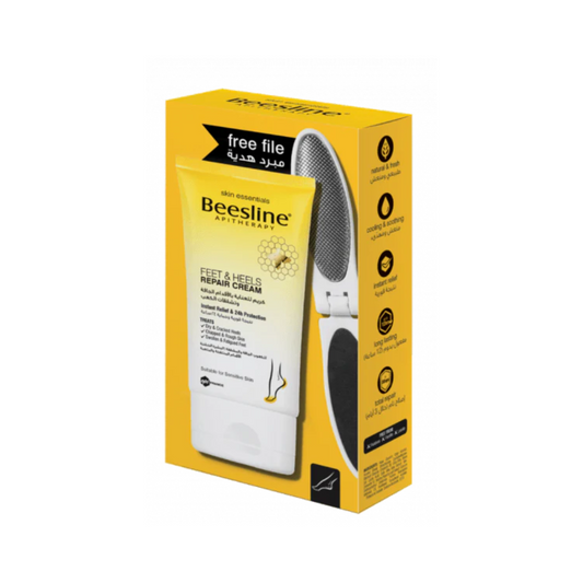 Beesline Feet & Heels Repair Cream gift set with free foot file to repair cracked heels, soften rough skin, and deeply moisturize dry feet.