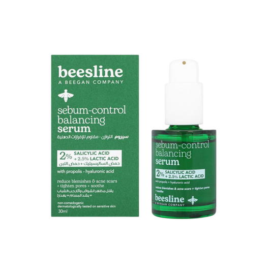 Beesline Sebum-Control Balancing Serum 30ml with 2% Salicylic Acid, 2.5% Lactic Acid, Propolis, and Hyaluronic Acid to reduce acne, control excess oil, unclog pores, and improve skin texture.