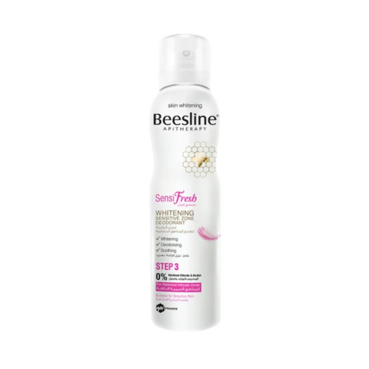 Beesline SensiFresh Whitening Sensitive Zone Deodorant Spray 150ml for external intimate areas, underarms, and bikini line. Aluminum-free formula that helps neutralize odor, refresh, and brighten sensitive skin.