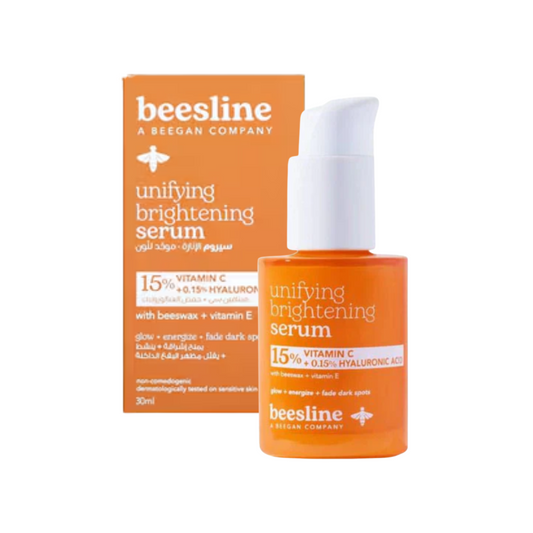 Beesline Unifying Brightening Serum 30ml with 15% Vitamin C, 0.15% Hyaluronic Acid, Vitamin E, and Beeswax to brighten skin, fade dark spots, and improve hydration.
