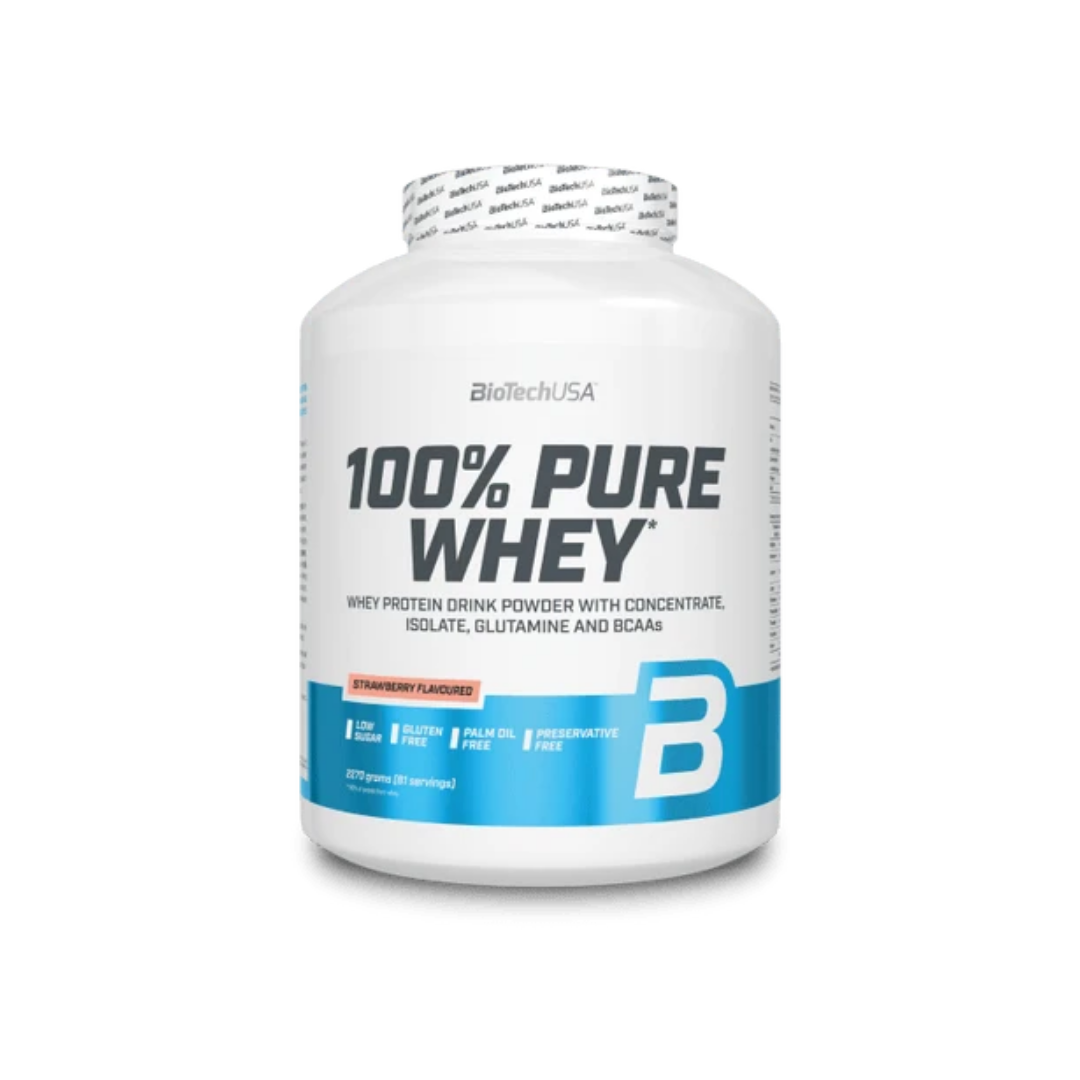 A white plastic tub of BiotechUSA 100% Pure Whey protein powder with a blue and white label, shown on a plain white background.