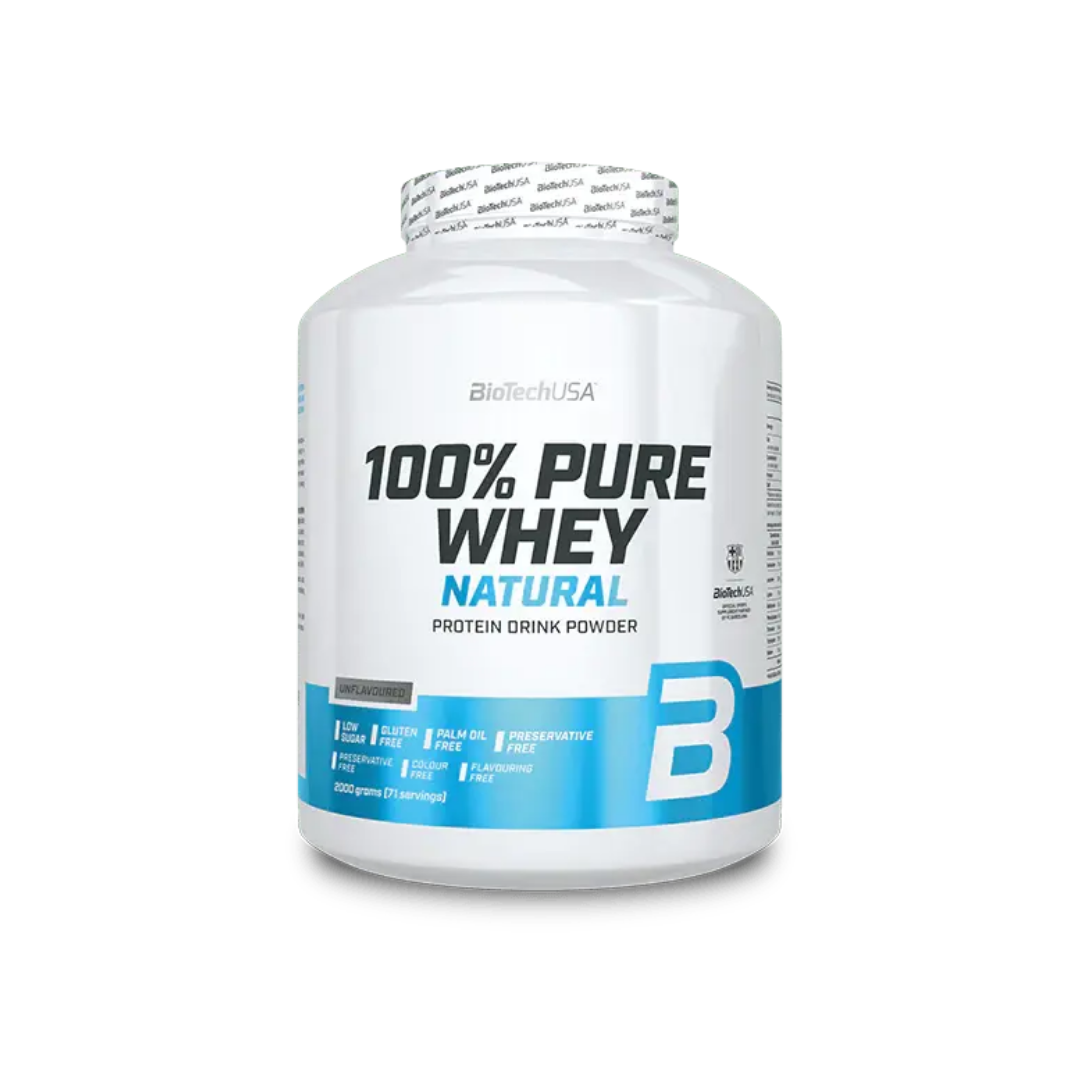 A white plastic tub of BiotechUSA 100% Pure Whey Natural protein drink powder with a blue and white label, set against a plain white background.