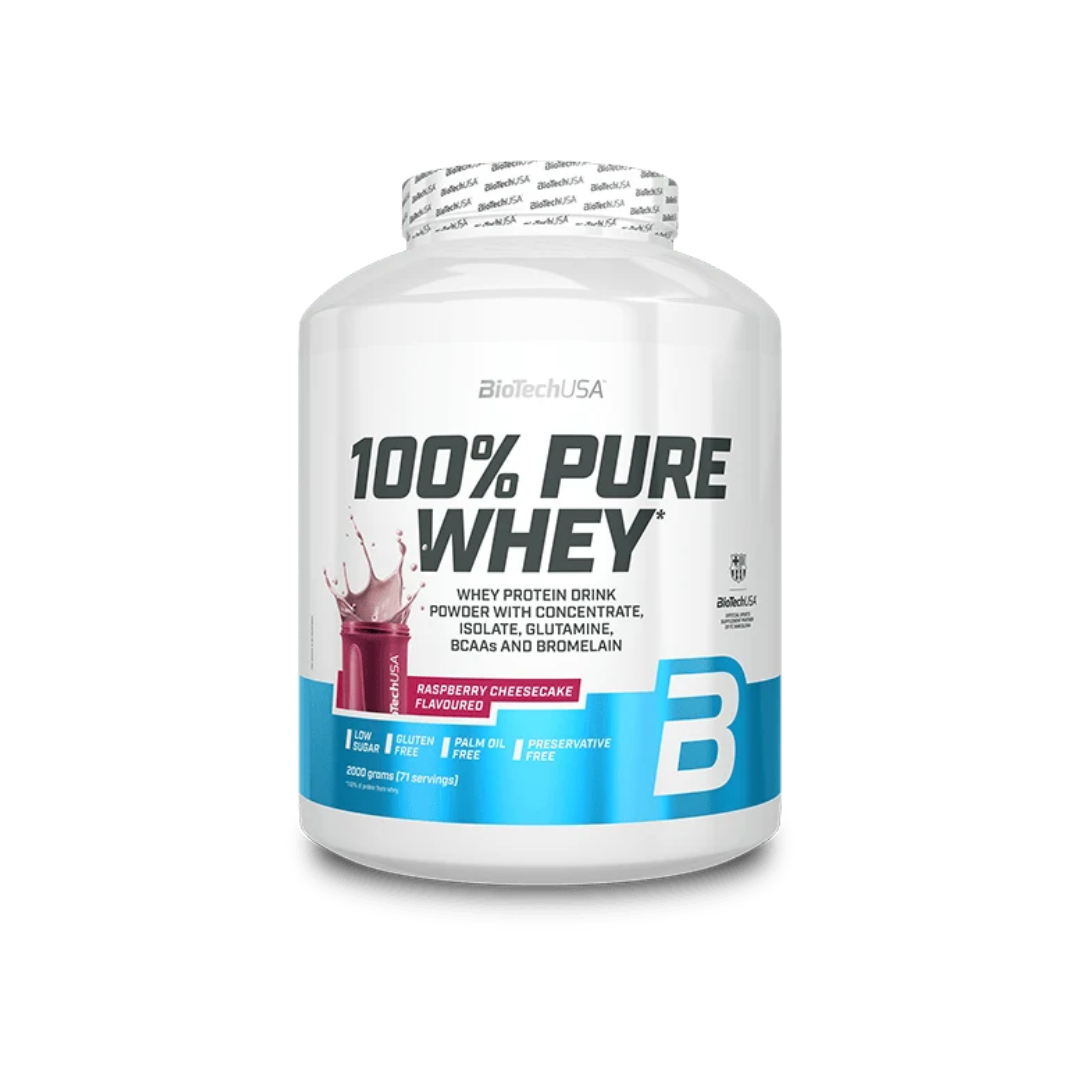 BioTech USA 100% Pure Whey protein powder tub in Strawberry Interstitiala flavor, featuring a white container with a blue and white label and a white seal cap.