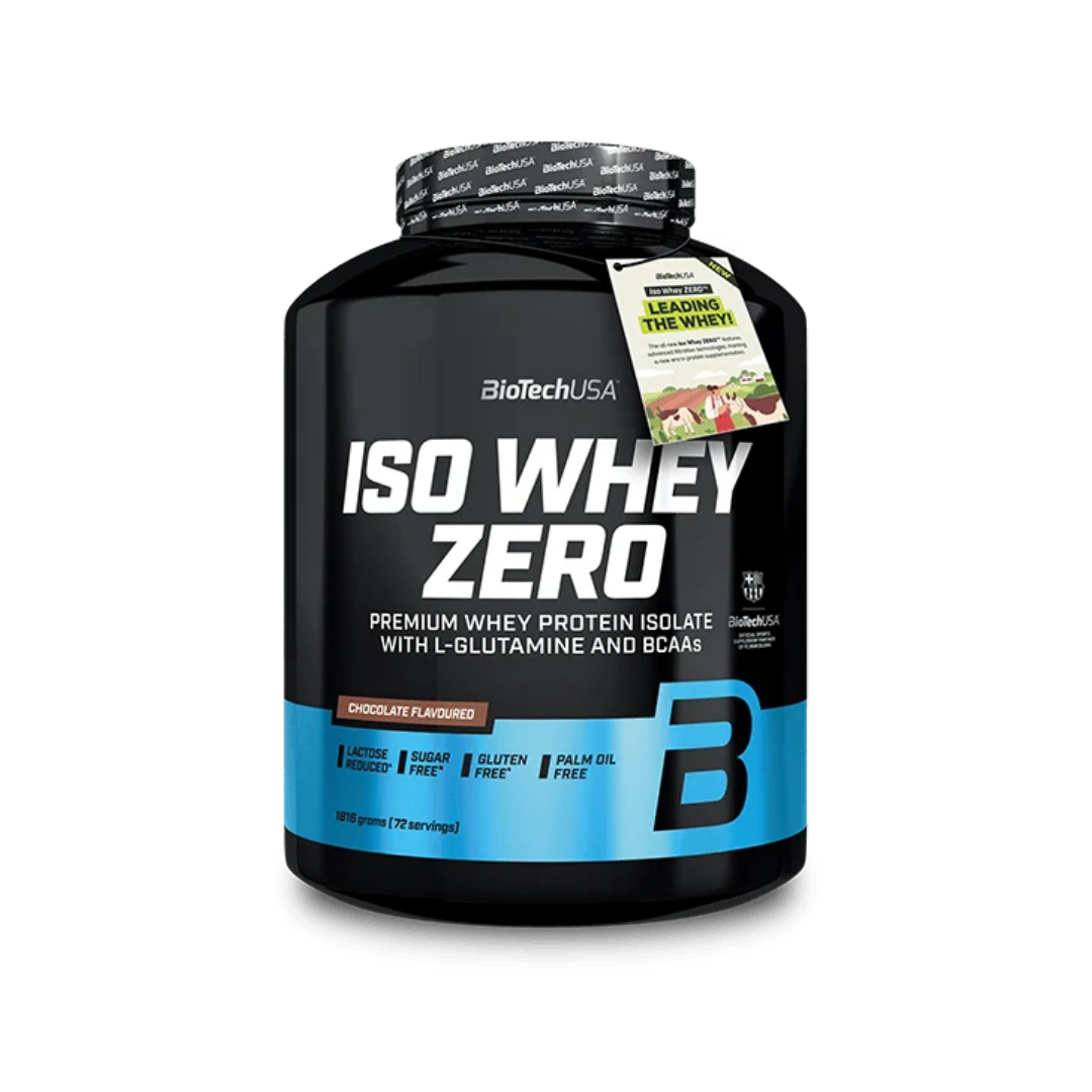 BioTechUSA ISO Whey Zero chocolate flavor protein powder tub on a white background.