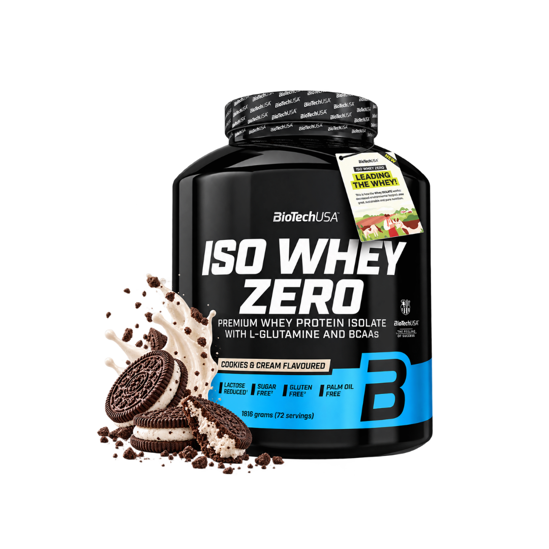 BioTech USA ISO Whey Zero protein powder tub in Oreo-flavored, shown with cookie and cream splash graphics on a white background.