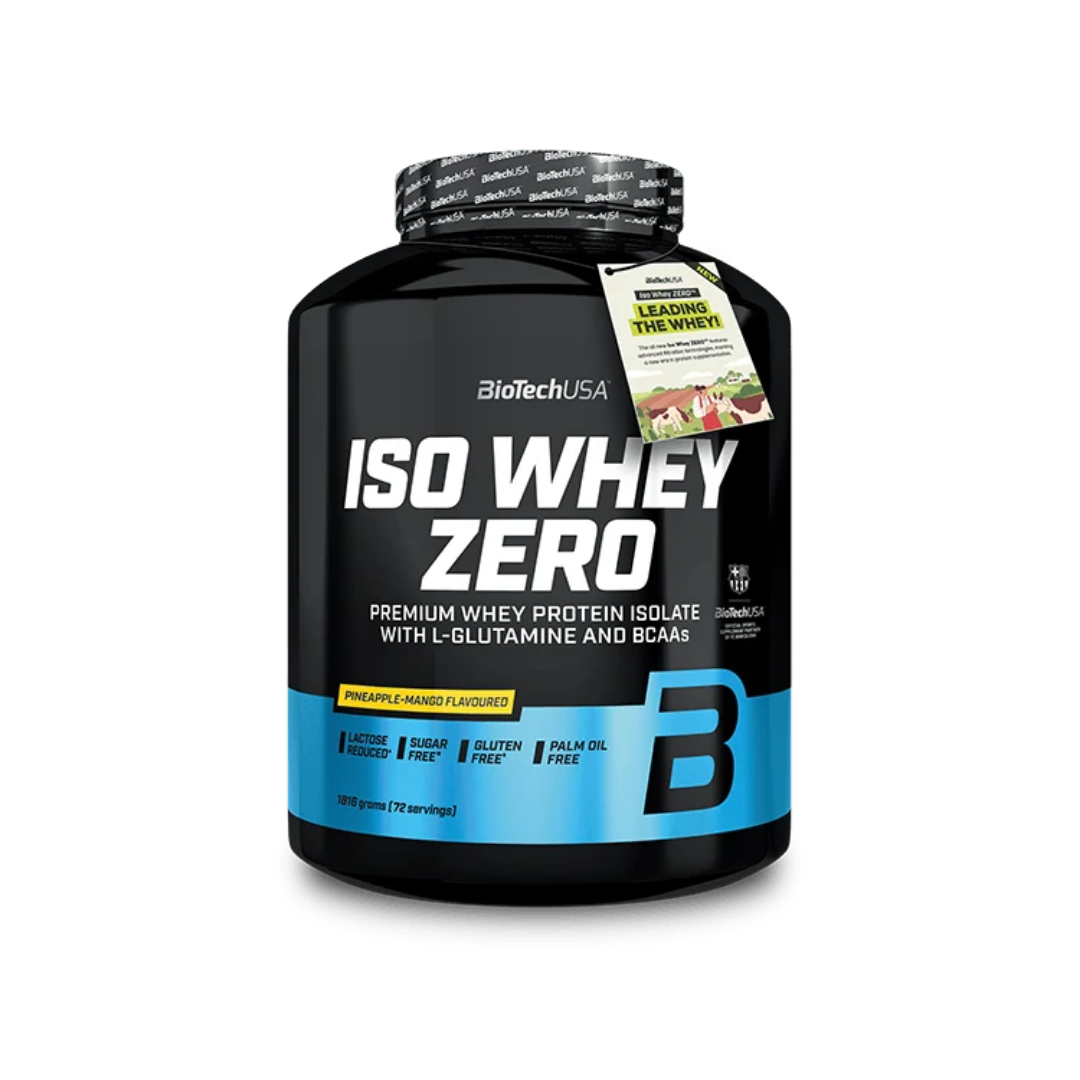 BioTech USA ISO Whey Zero protein powder tub with a black label and blue accent band, on a white background.