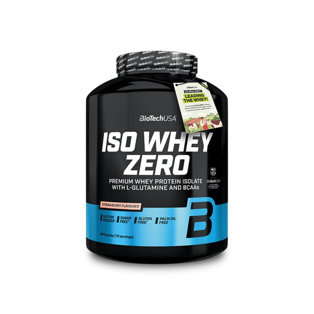 BioTechUSA ISO Whey Zero protein powder tub in flavor B, featuring a black container with a blue accent band and white text, on a white background.
