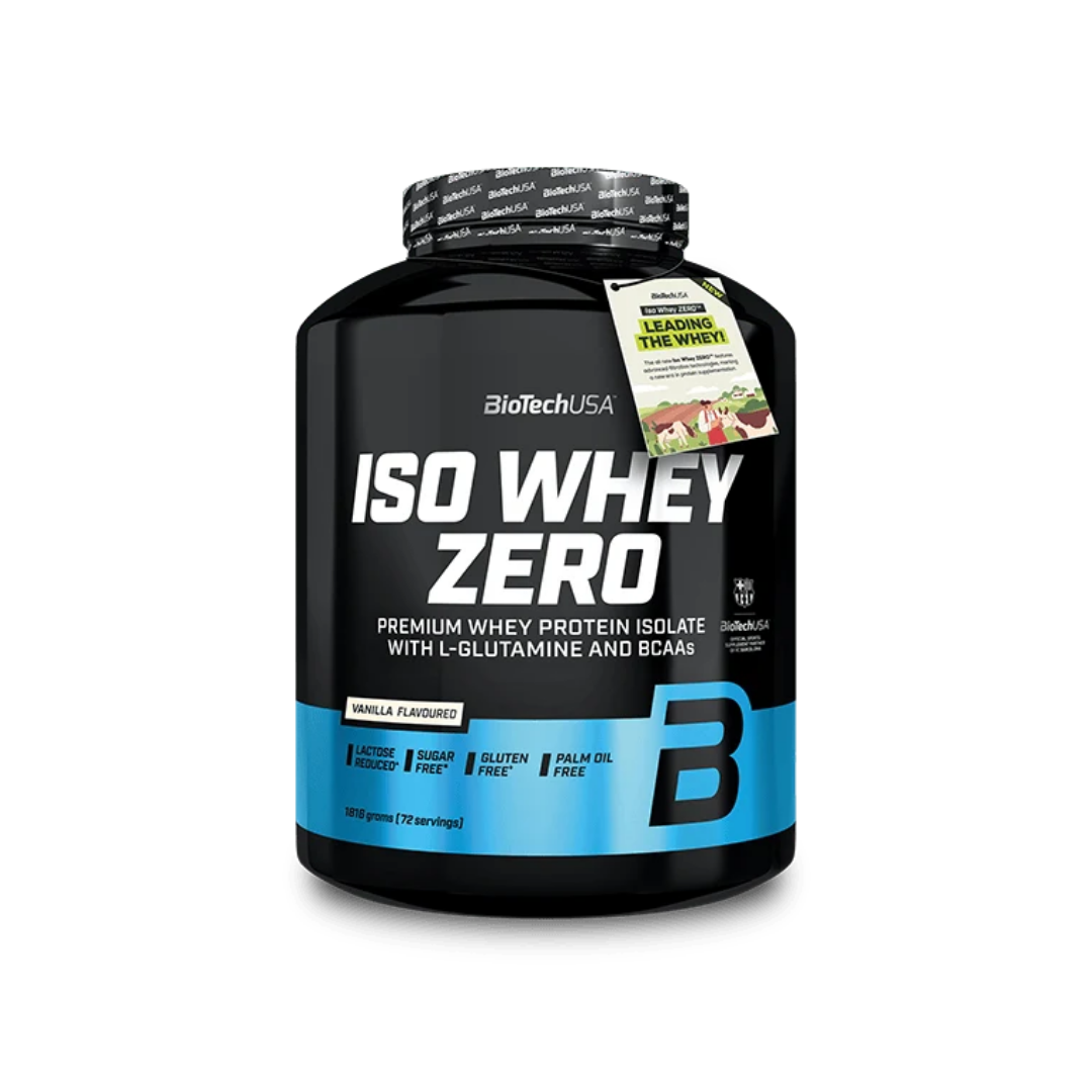 BioTechUSA ISO Whey Zero protein powder tub in vanilla flavor, featuring a black container with a bright blue band and white text, on a white background.