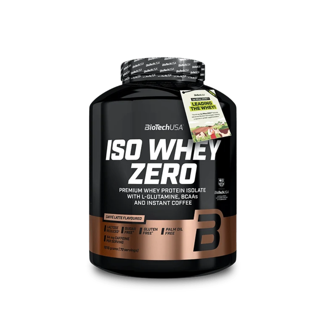BioTechUSA ISO Whey Zero protein powder tub in banana flavor, featuring a black container with a metallic bronze lower section and a black cap, shown on a white background.