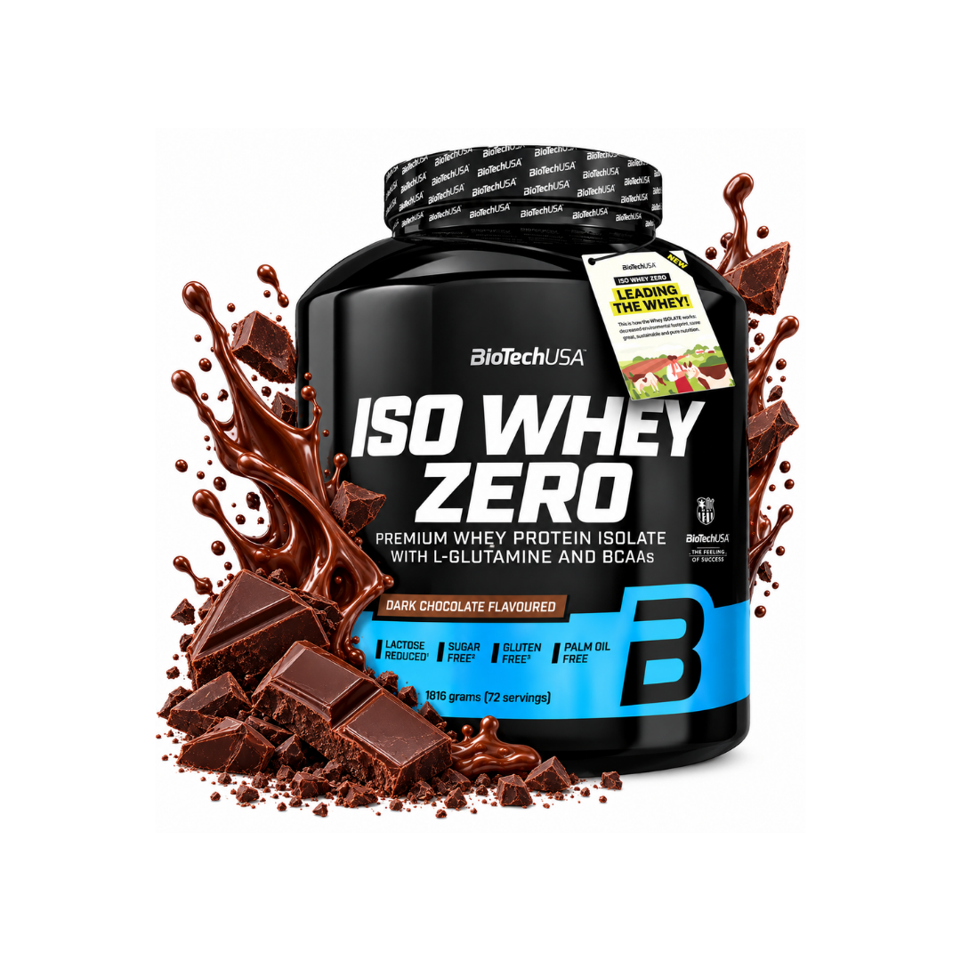 A tub of bioTech USA Iso Whey Zero protein powder in dark chocolate flavor, styled with chocolate splashes and broken chocolate pieces on a white background.