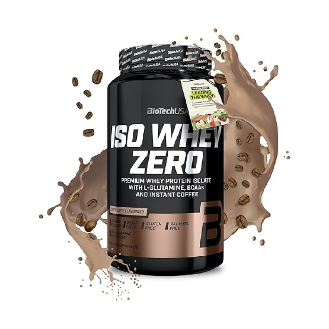 BioTechUS ISO Whey Zero protein powder tub in white coffee flavor, shown with a brown liquid splash and coffee bean graphics on a white background.