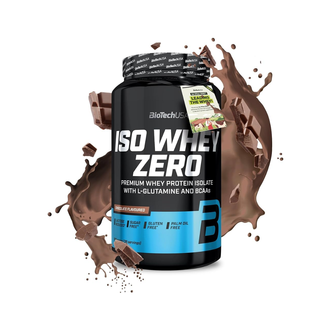 BioTechUS ISO Whey Zero chocolate flavor protein powder tub with a chocolate splash and chocolate chunks on a white background.