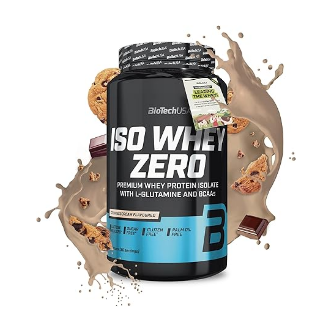 BioTechUS ISO Whey Zero protein powder tub in chocolate chip cookie flavor, shown with chocolate chip cookies and a milk splash on a white background.