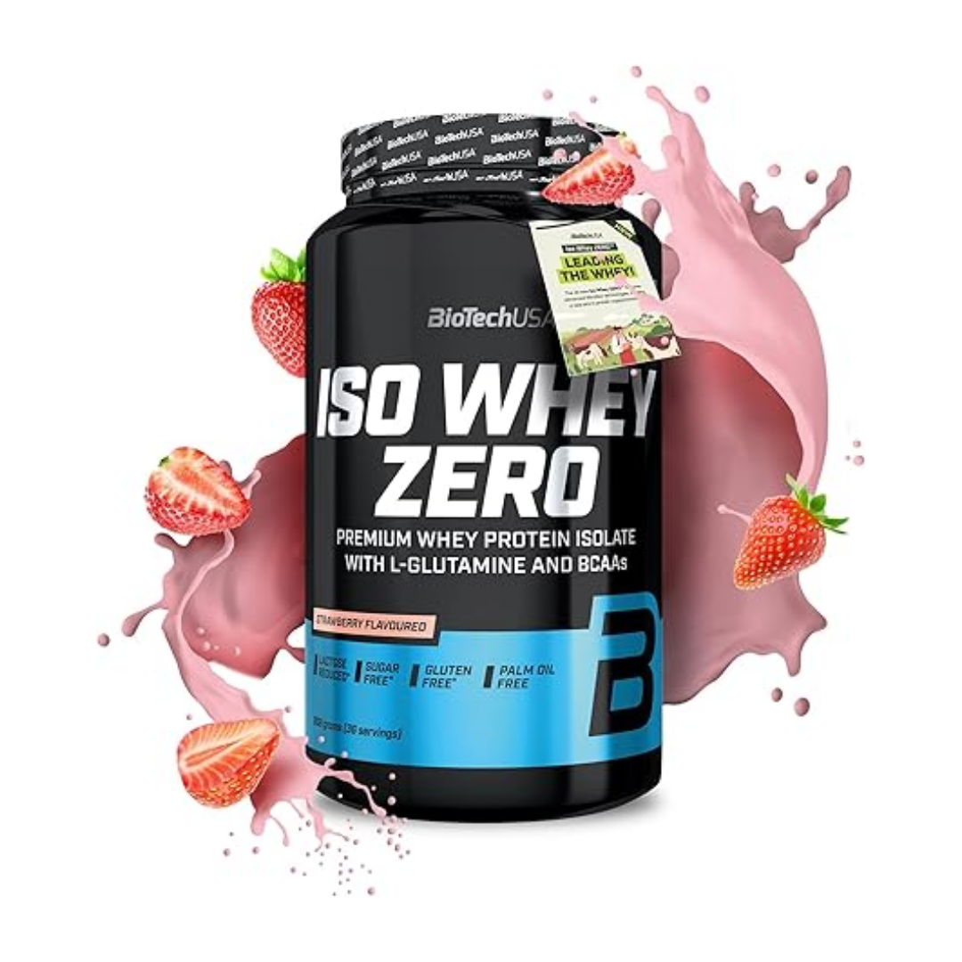 BioTechUS ISO Whey Zero protein powder tub in strawberry flavor, surrounded by pink milk splash graphics and sliced strawberries on a white background.