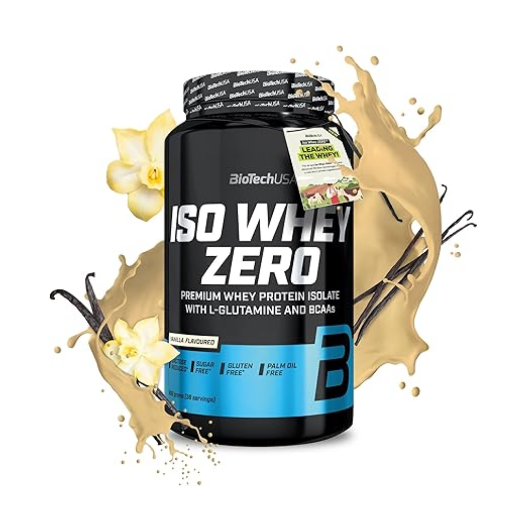 BioTech USA ISO Whey Zero protein powder tub in vanilla flavor, shown with a beige vanilla-splatter graphic and vanilla flower illustrations on a white background.
