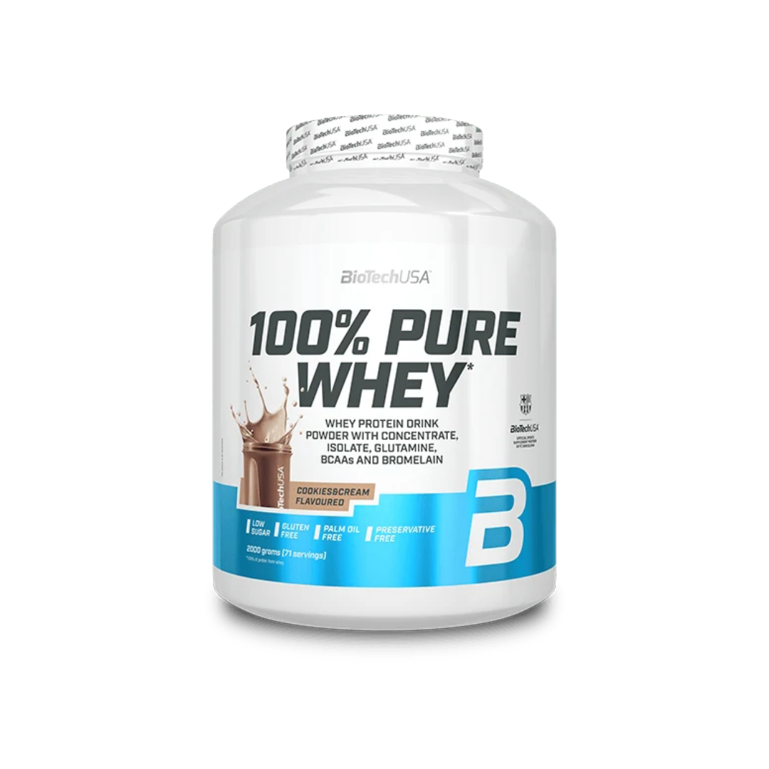 A white plastic tub of BioTechUSA 100% Pure Whey protein powder in chocolate flavor, featuring a white and blue label with a large letter B.