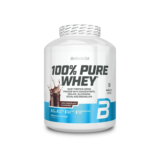 A white plastic tub of BioTech USA 100% Pure Whey protein powder, flavor B (Pure Chocolate), on a clean white background.