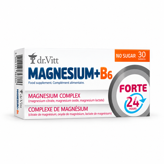 A box of dr.Vitt Magnesium+B6 food supplement, featuring a white background with blue and orange branding, and a gray circular badge indicating 'Forte 24 Hours'.