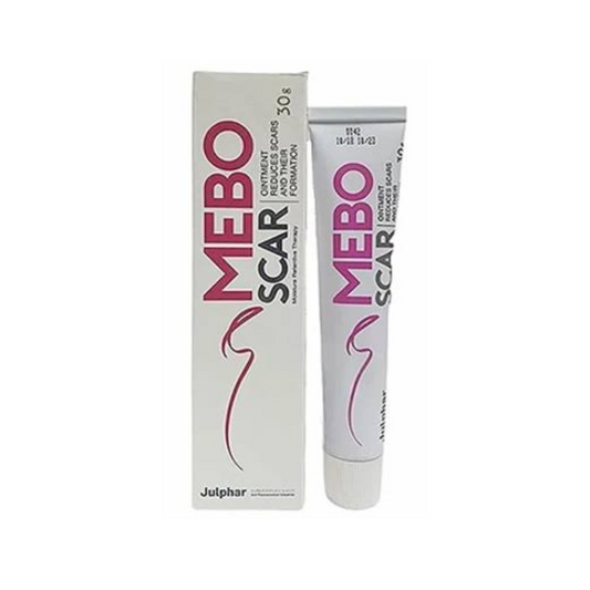MEBO Scar Ointment 30g by Julphar for reducing the appearance of surgical, burn, acne, and injury scars while supporting healthy skin repair.