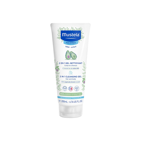 Mustela 2 in 1 Cleansing Gel for baby hair and body with organic avocado, suitable from birth.