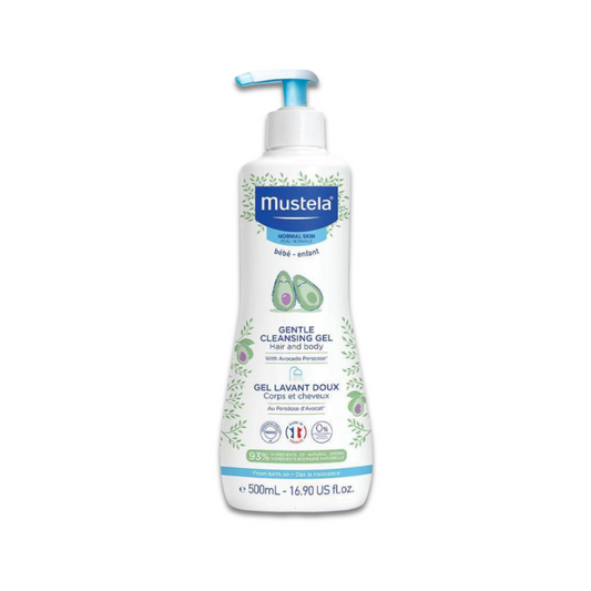 Mustela Gentle Cleansing Gel Hair & Body 500ml with Organic Avocado, a tear-free and soap-free baby wash suitable from birth for delicate skin and hair.