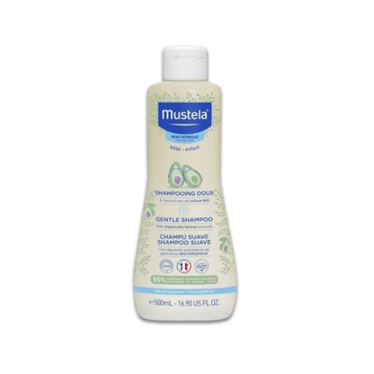 Mustela Gentle Shampoo 500ml for babies and children with Organic Avocado, tear-free formula, and 95% natural-origin ingredients suitable from birth.