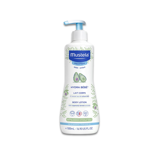 Mustela Hydra Bébé Body Lotion 500ml with Organic Avocado and 97% natural-origin ingredients for daily hydration of newborn, baby, and child skin.