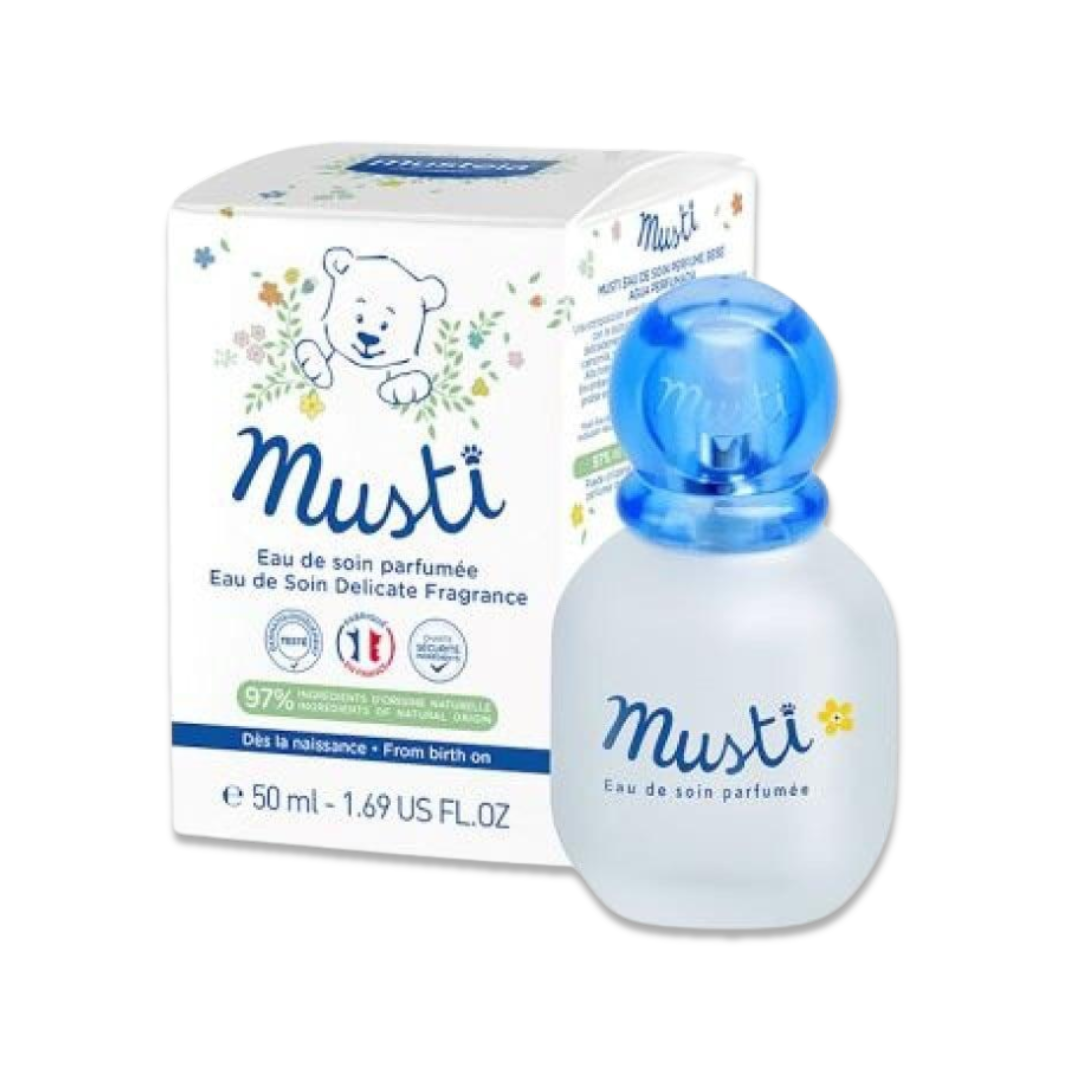 Mustela Musti Delicate Fragrance 50ml alcohol-free baby perfume with 97% natural-origin ingredients, suitable for newborns, babies, and children.