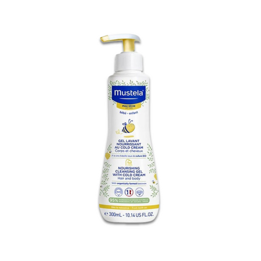 Mustela Nourishing Cleansing Gel with Cold Cream 300ml for babies with dry skin, soap-free and tear-free hair and body wash enriched with Organic Beeswax and Organic Avocado.