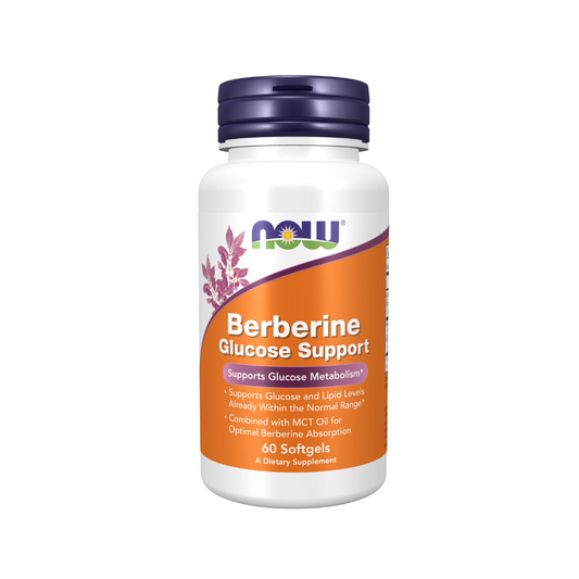 NOW Berberine Glucose Support 60 softgels supplement with MCT oil for healthy glucose metabolism and lipid balance support