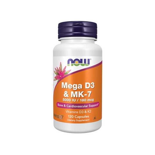 NOW Mega D3 and MK-7 5000 IU Vitamin D3 and 180 mcg Vitamin K2 supplement for bone cardiovascular and immune support